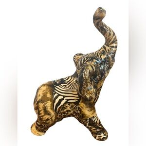 La Vie Elephant Figurine Figure Safari Pattern Patchwork Glazed Ceramic Trunk Up